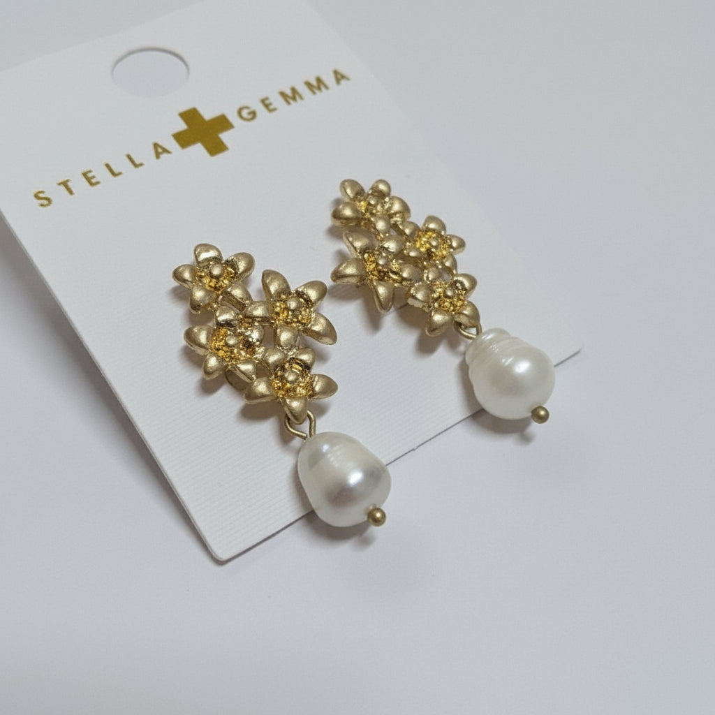 Stella + Gemma Gold Flower Pearl Drop Earrings