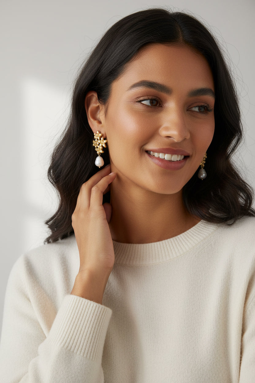 Stella + Gemma Gold Flower Pearl Drop Earrings